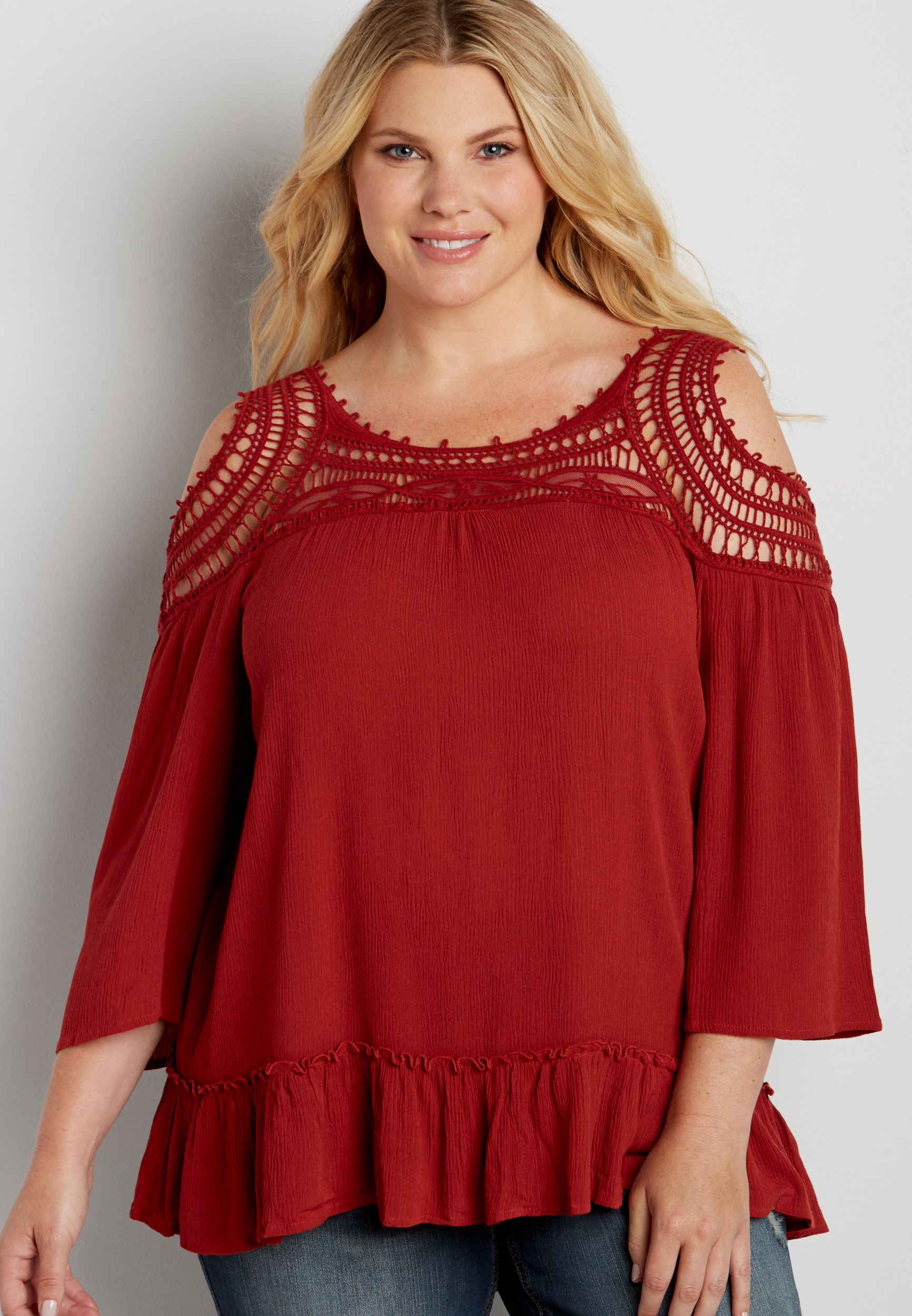 plus size lightweight peasant top with crochet | maurices
