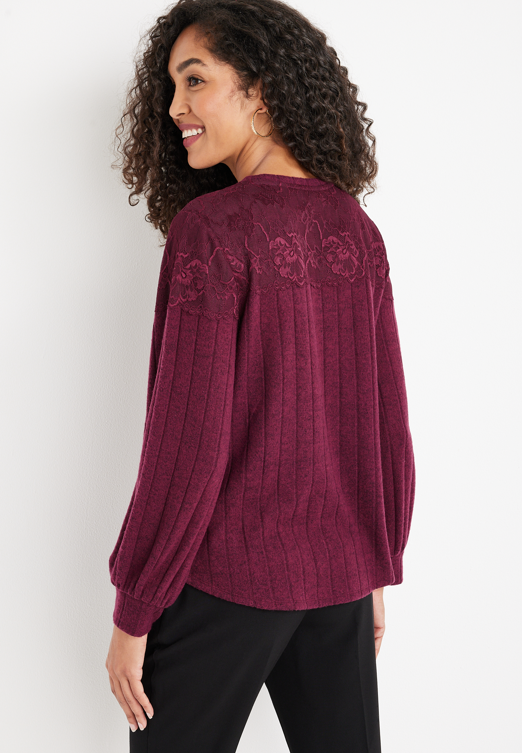 Cozy Lace Trim Ribbed Top, C3056, large