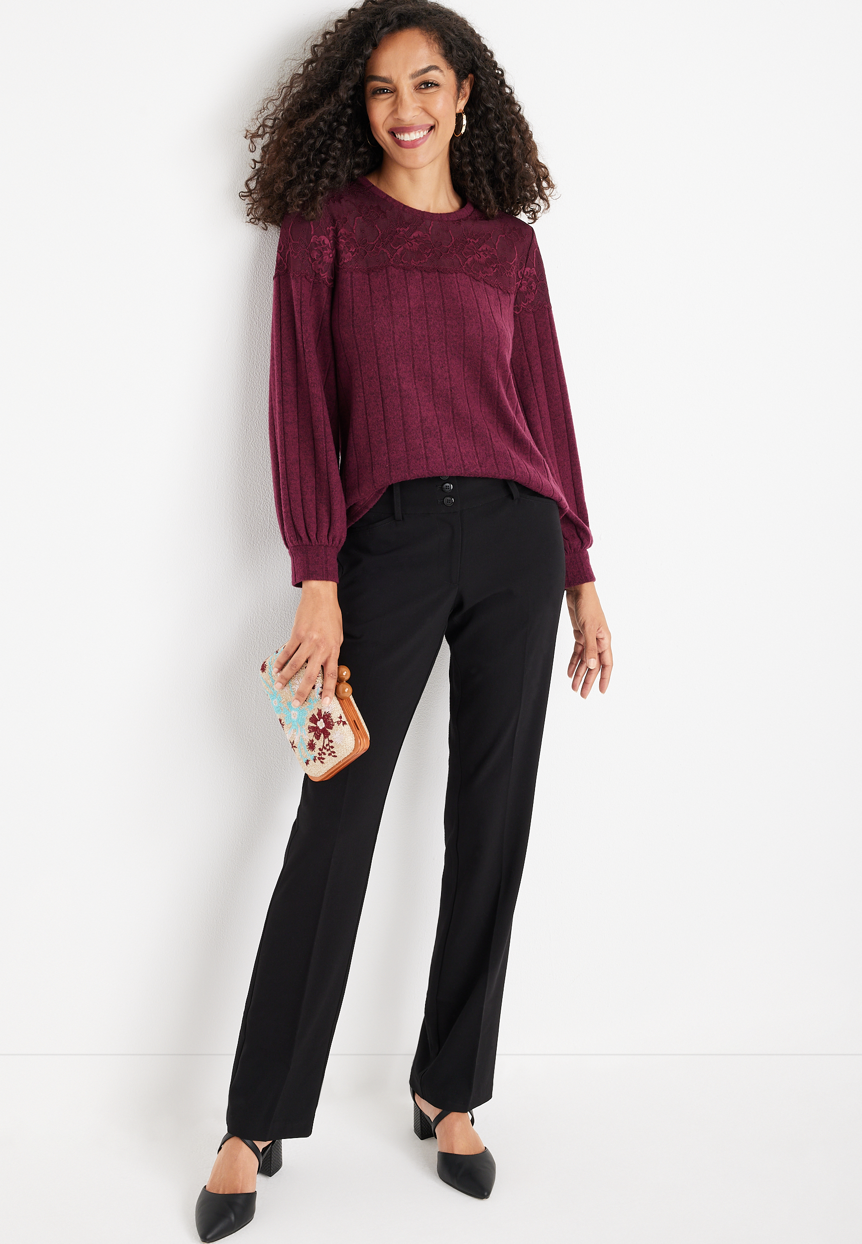 Cozy Lace Trim Ribbed Top, C3056, large