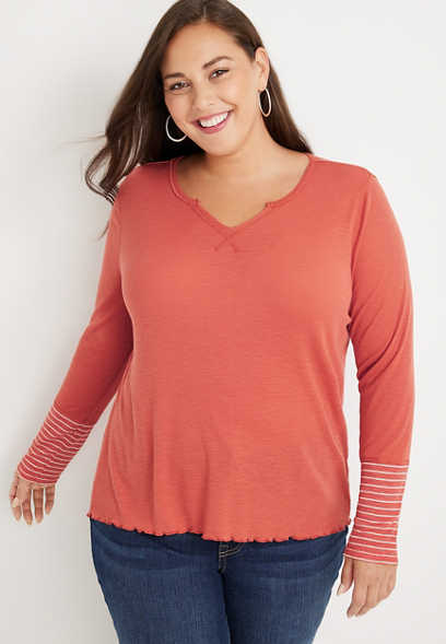 Plus Size Striped Sleeve Notch Neck Ribbed Henley Top