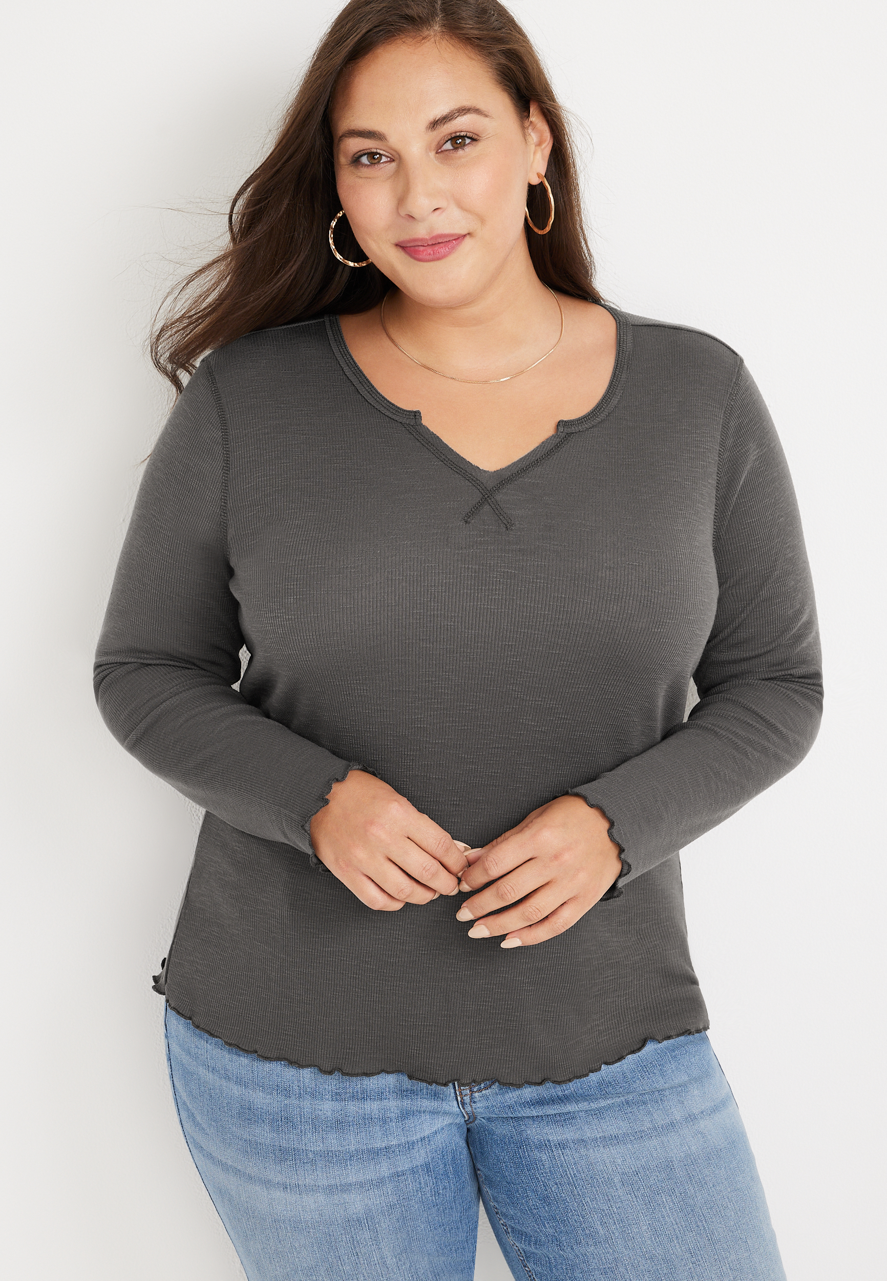 Plus Solid Notch Neck Ribbed Henley Top