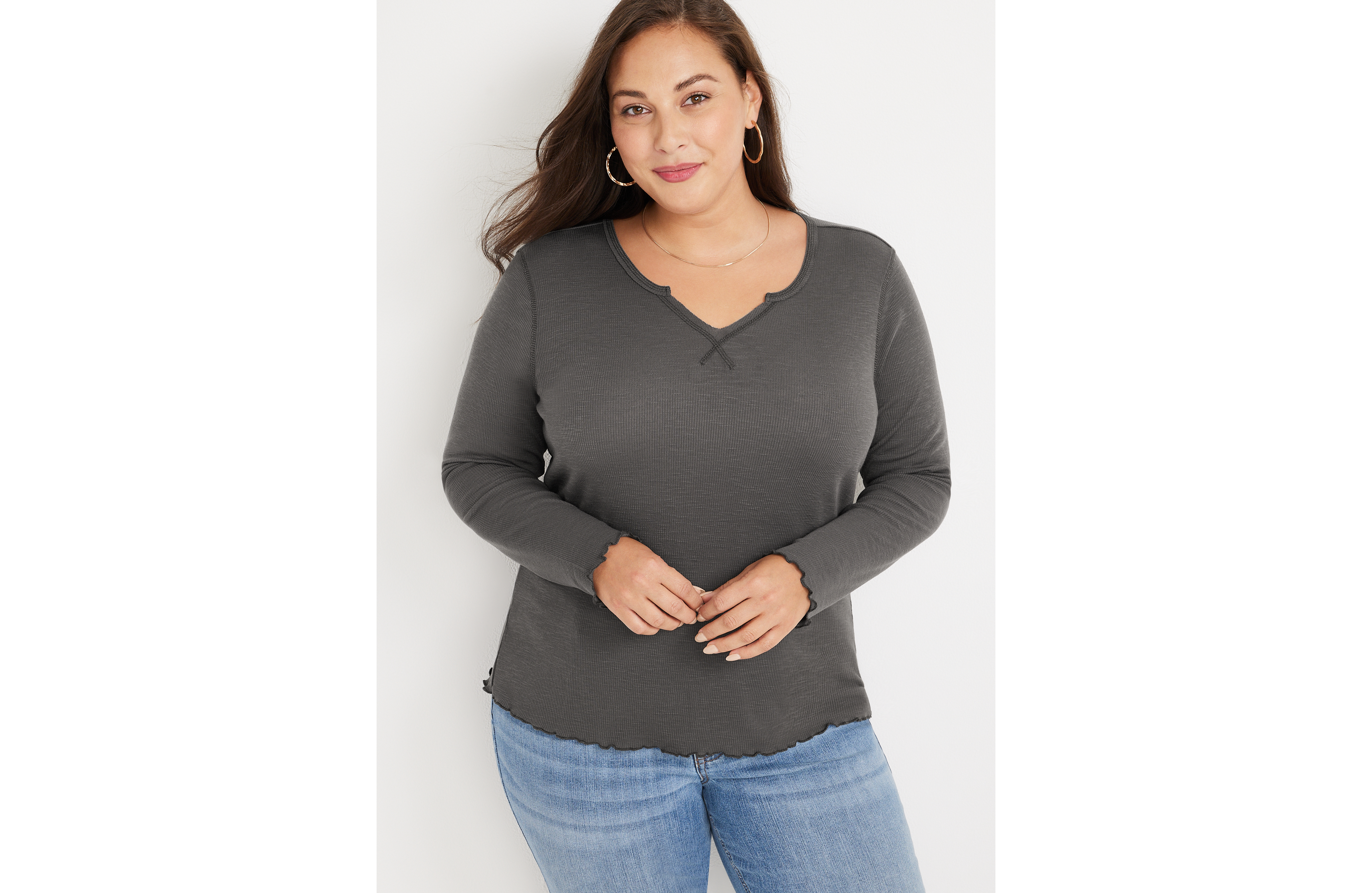 Plus Solid Notch Neck Ribbed Henley Top