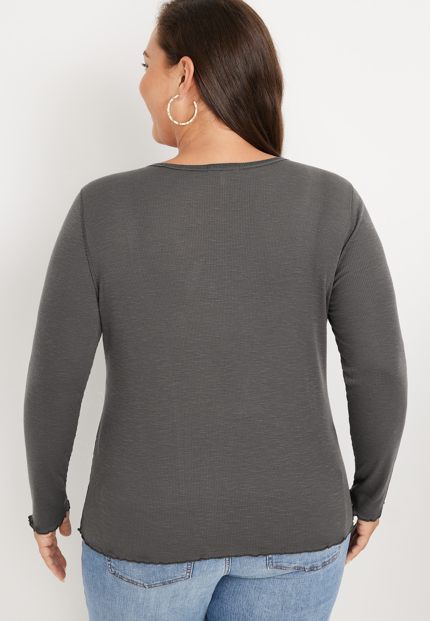 Plus Solid Notch Neck Ribbed Henley Top