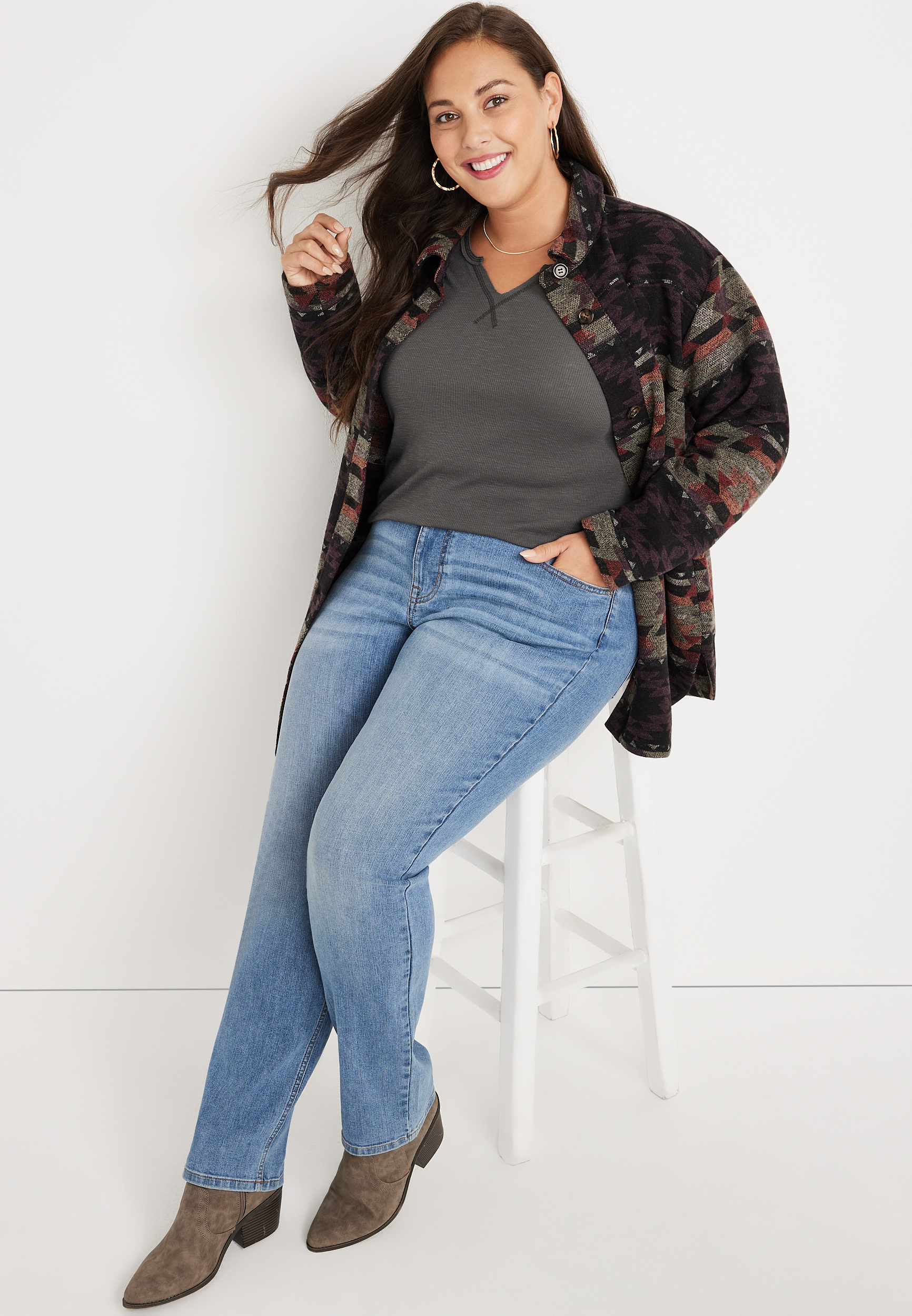 Plus Solid Notch Neck Ribbed Henley Top