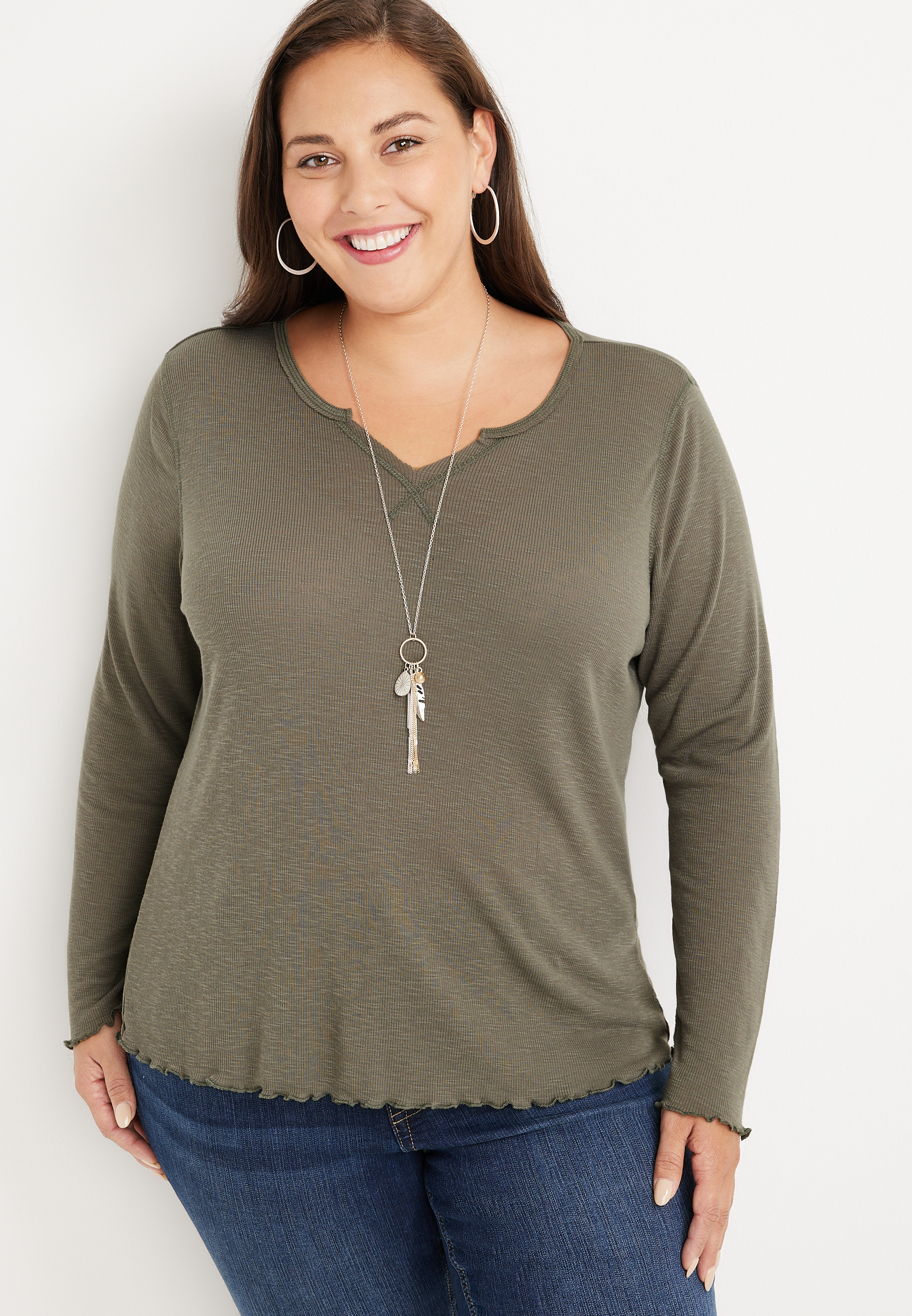 Plus Size Solid Notch Neck Ribbed Henley Top | maurices
