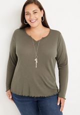 Plus Size Solid Notch Neck Ribbed Henley Top, C6611, small
