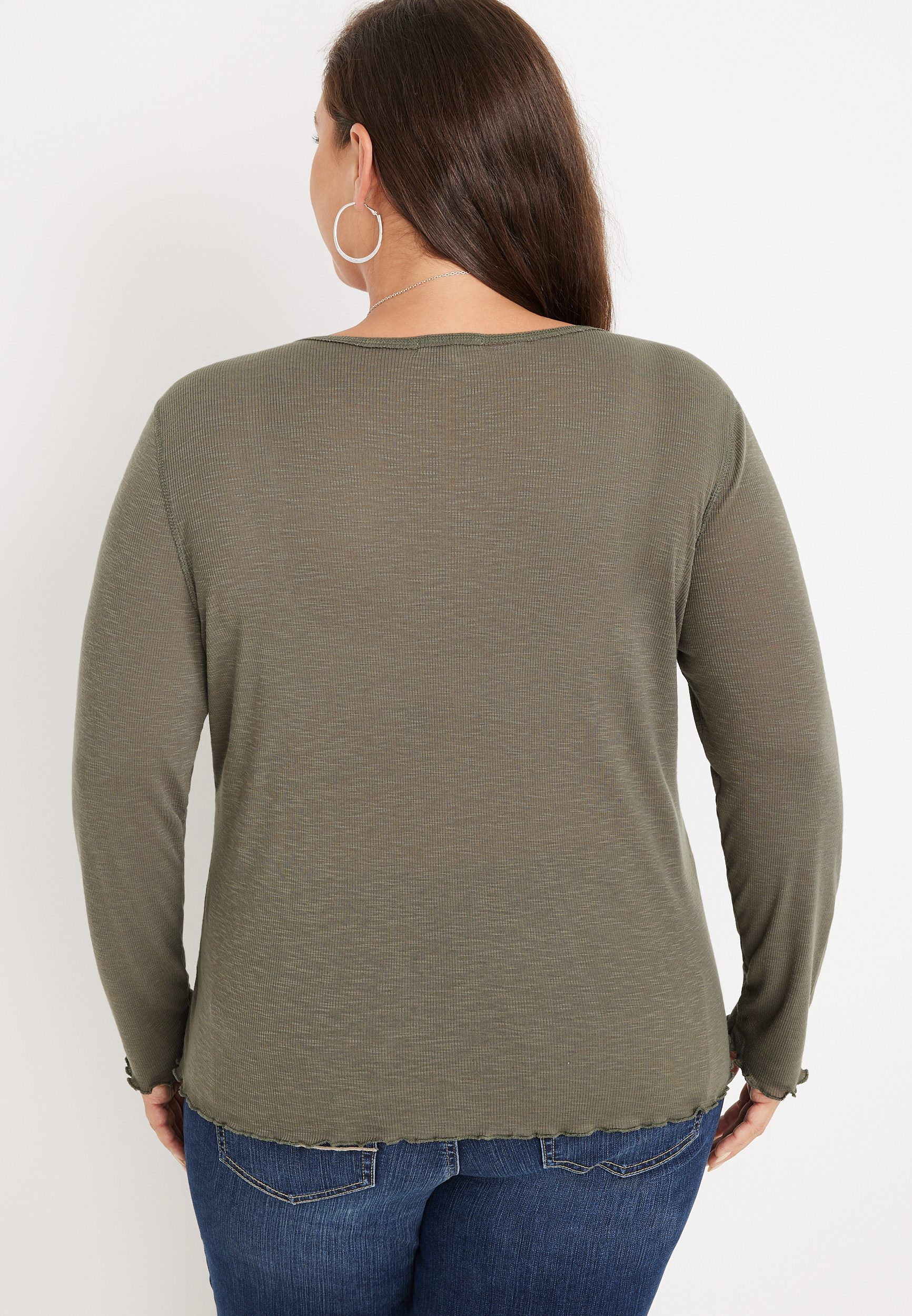 Plus Size Solid Notch Neck Ribbed Henley Top, C6611, large