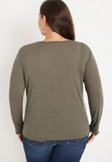 Plus Size Solid Notch Neck Ribbed Henley Top, C6611, small