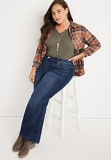 Plus Size Solid Notch Neck Ribbed Henley Top, C6611, small