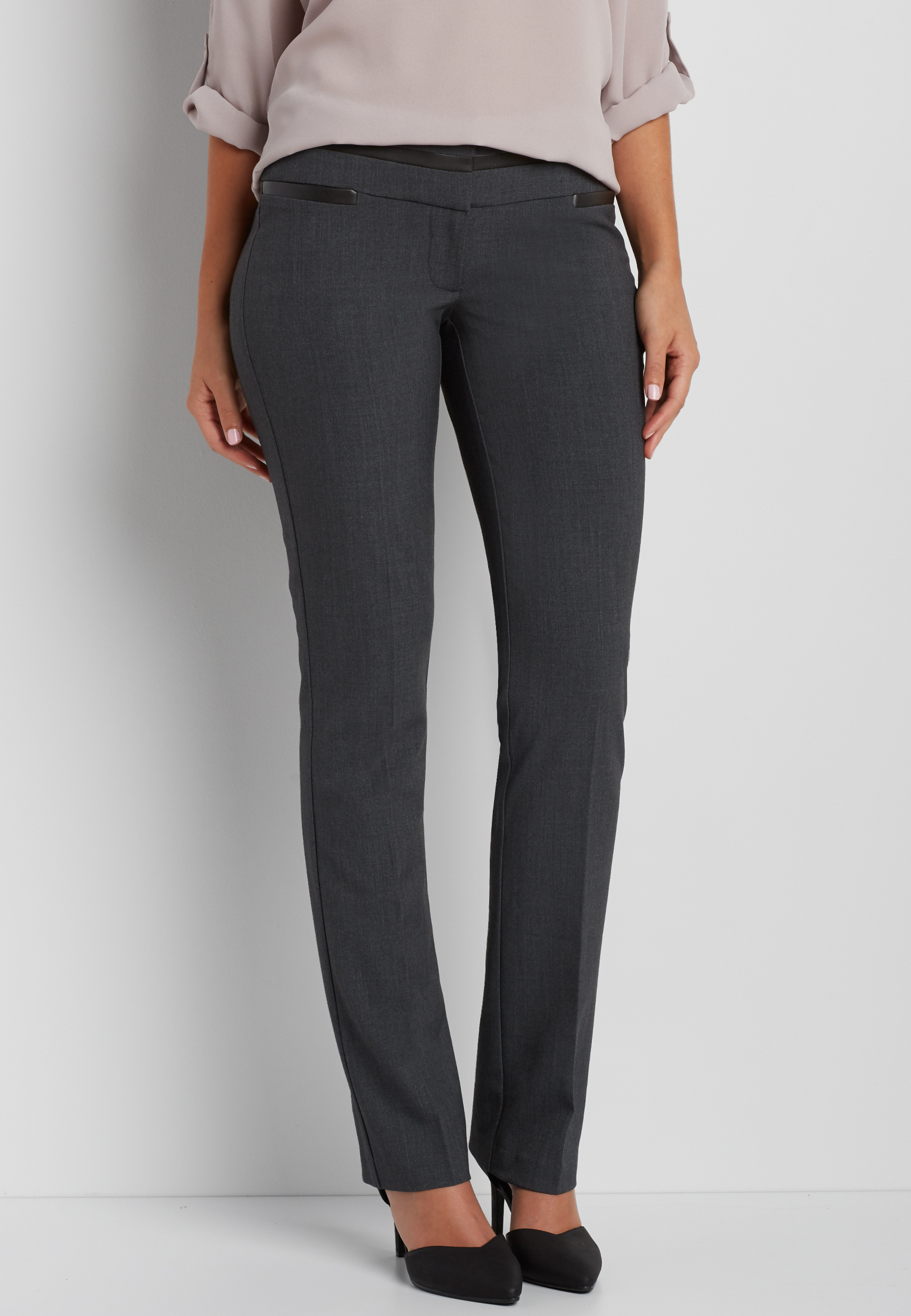the stunning IT fit slim boot pant with faux leather trim in charcoal