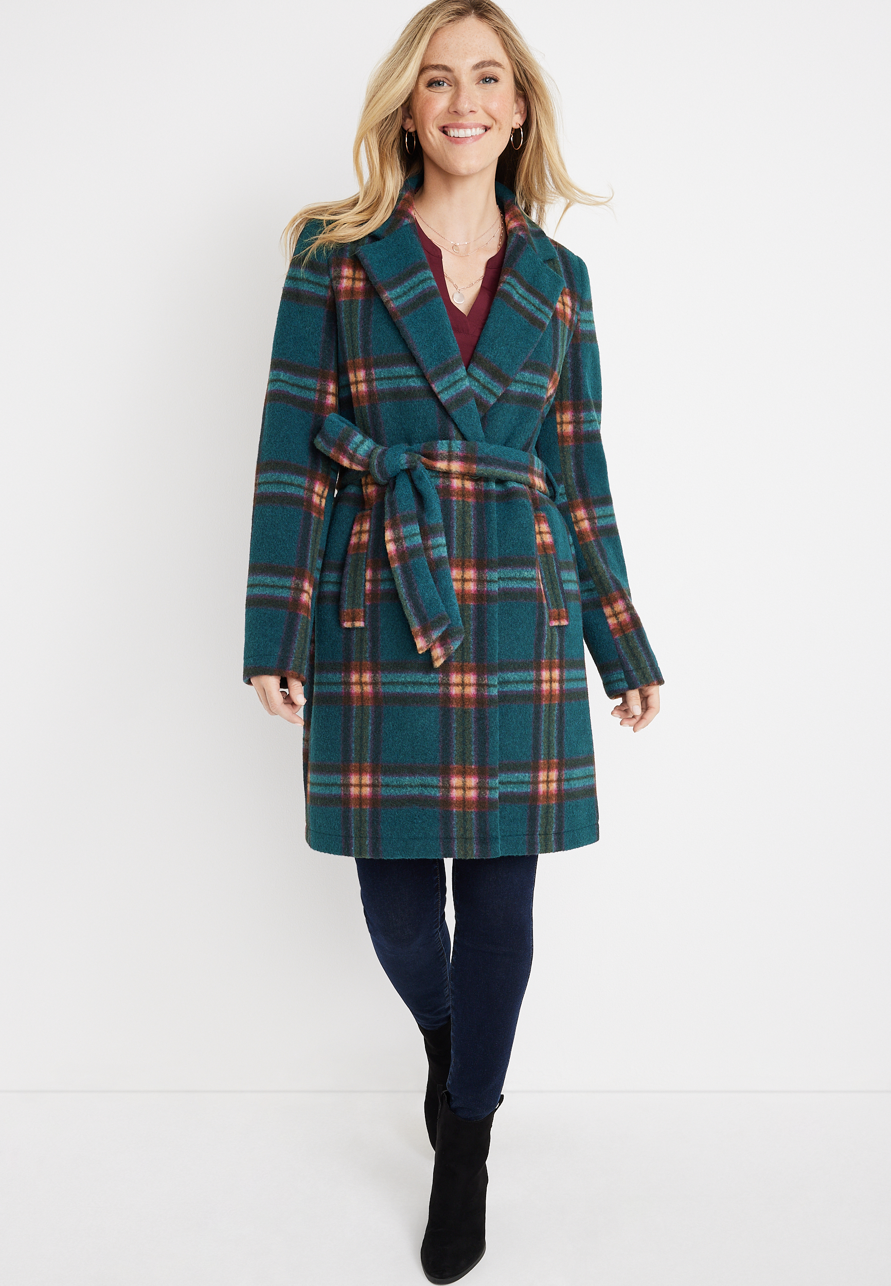 Teal Plaid Belted Wrap Coat | maurices