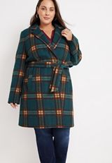 Plus Size Teal Plaid Belted Wrap Coat, C2666, small