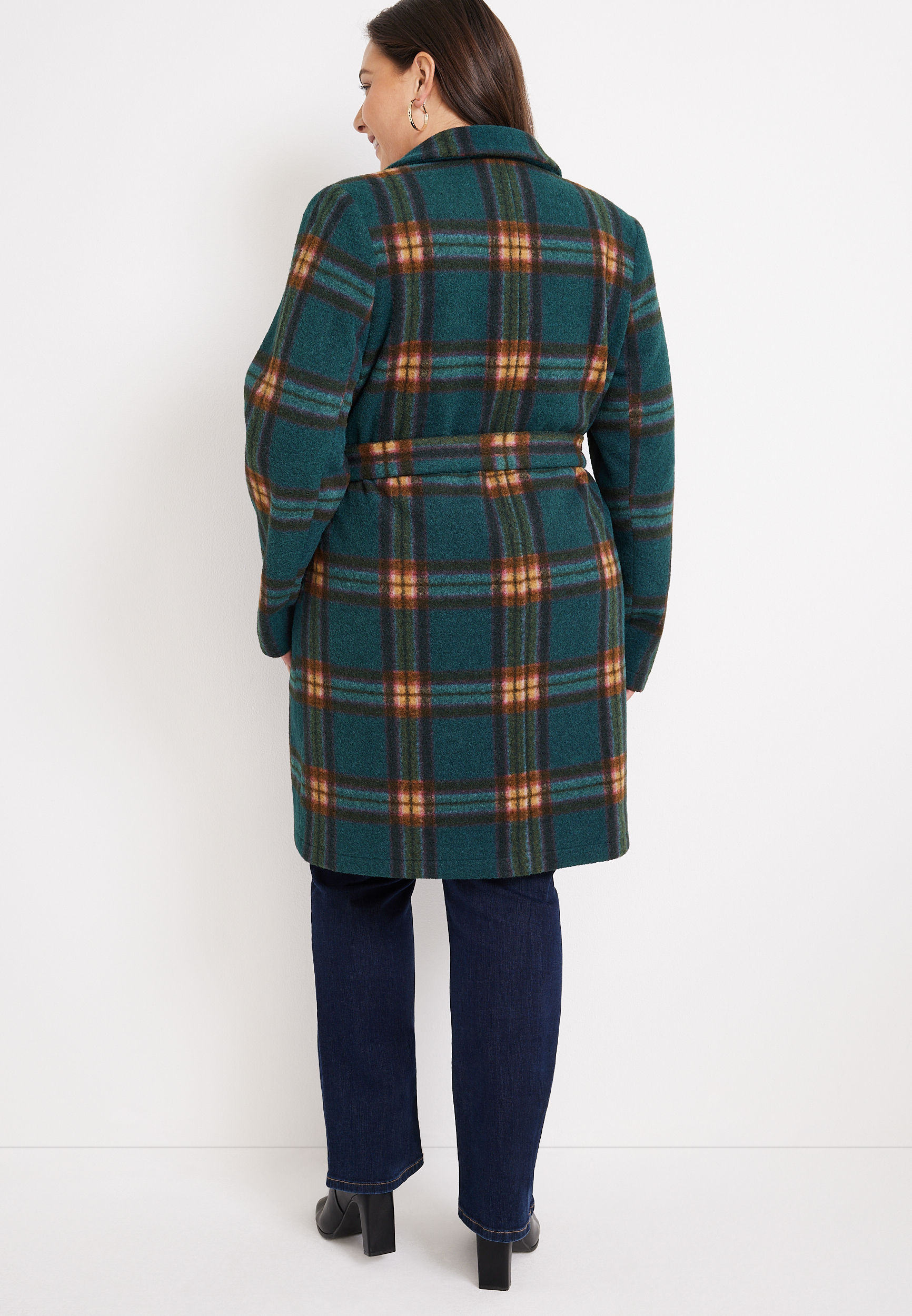 Plus Size Teal Plaid Belted Wrap Coat, C2666, large