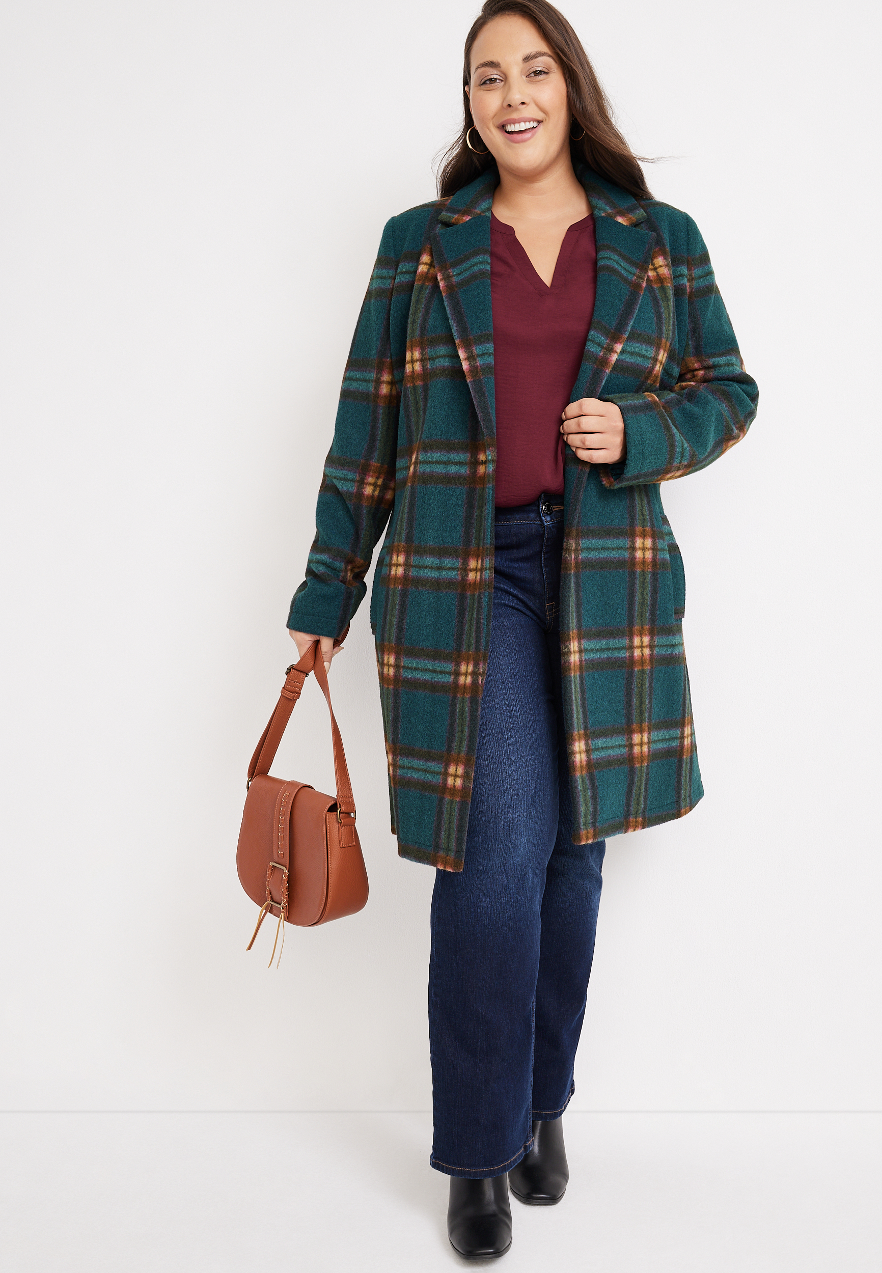 Plus Size Teal Plaid Belted Wrap Coat, C2666, large