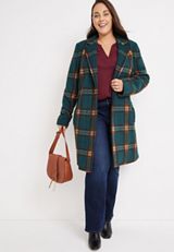 Plus Size Teal Plaid Belted Wrap Coat, C2666, small