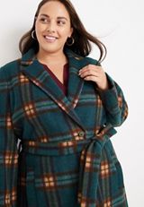 Plus Size Teal Plaid Belted Wrap Coat, C2666, small