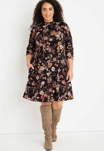 Plus Size 24/7 Floral Mock Neck Mini Dress