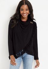 Double Button Wrap Cardigan, BLACK, small