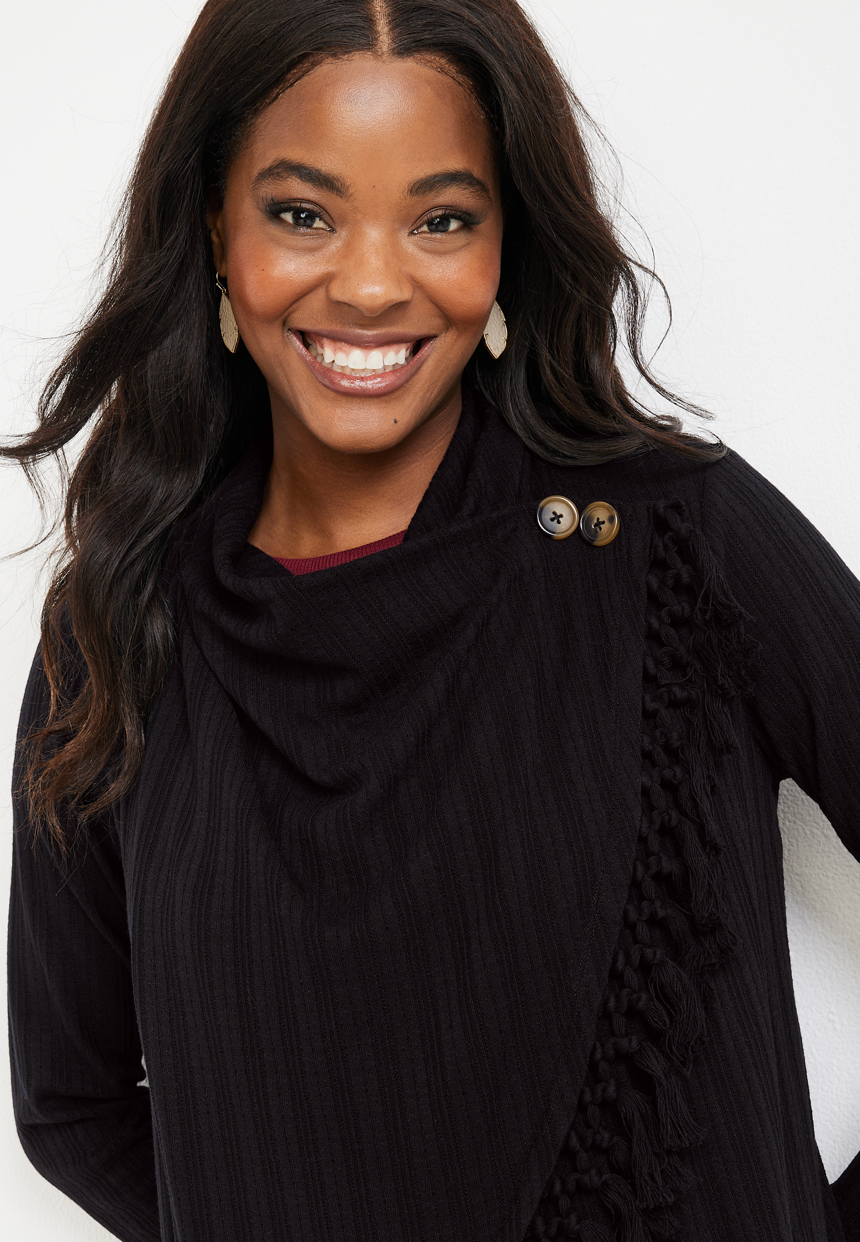 Double Button Wrap Cardigan, BLACK, large