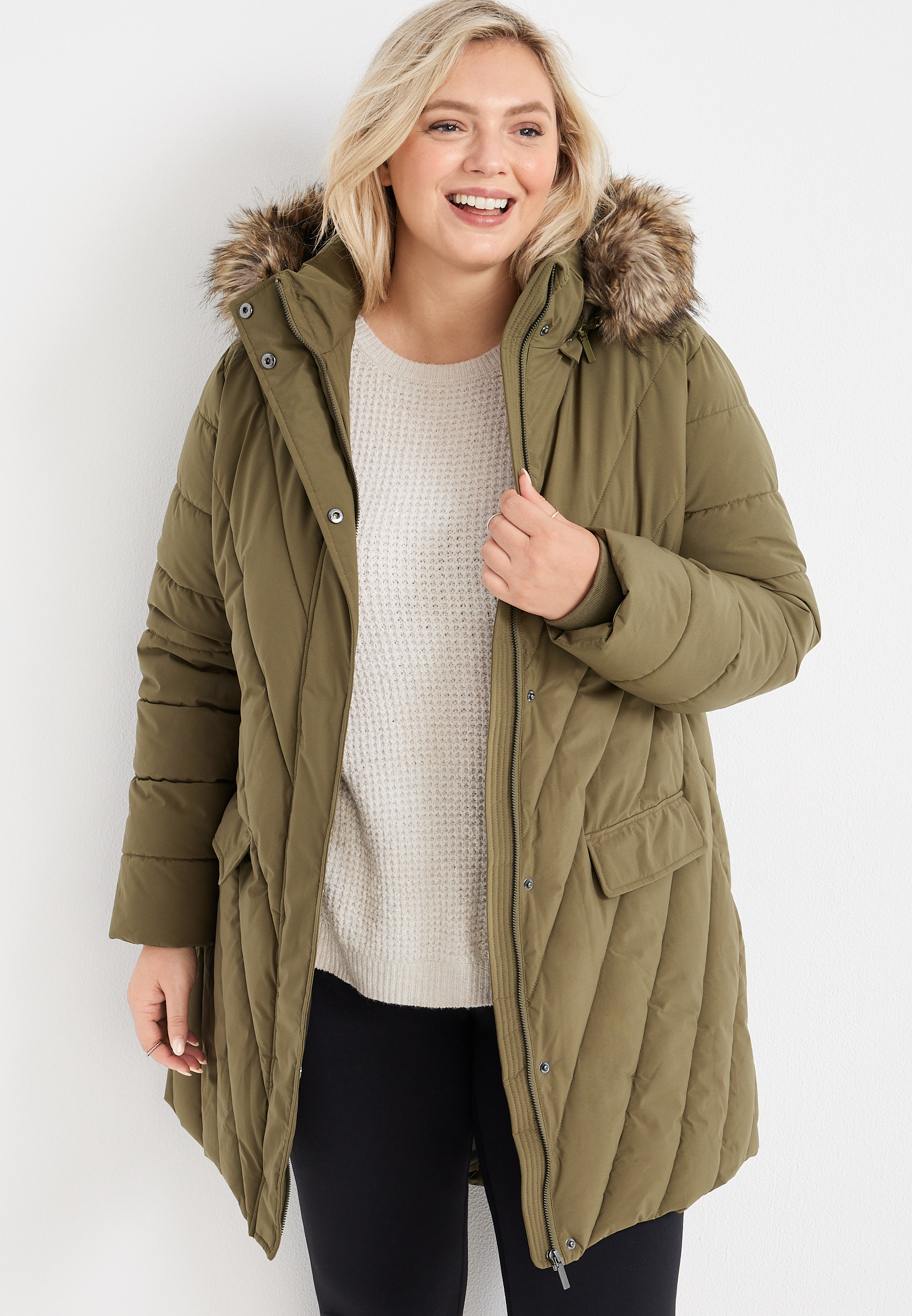 Plus Size Olive Faux Fur Hood Puffer Jacket | maurices