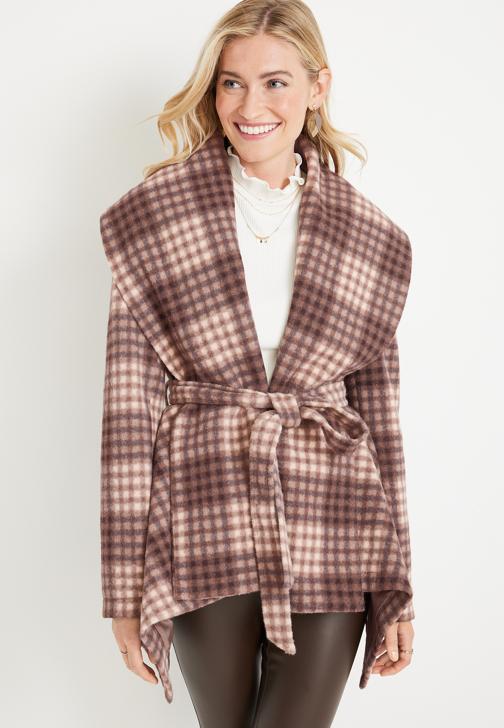 Brown Plaid Belted Wrap Coat maurices