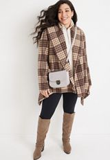 Plus Size Brown Plaid Belted Wrap Coat, BROWN COMBO, small