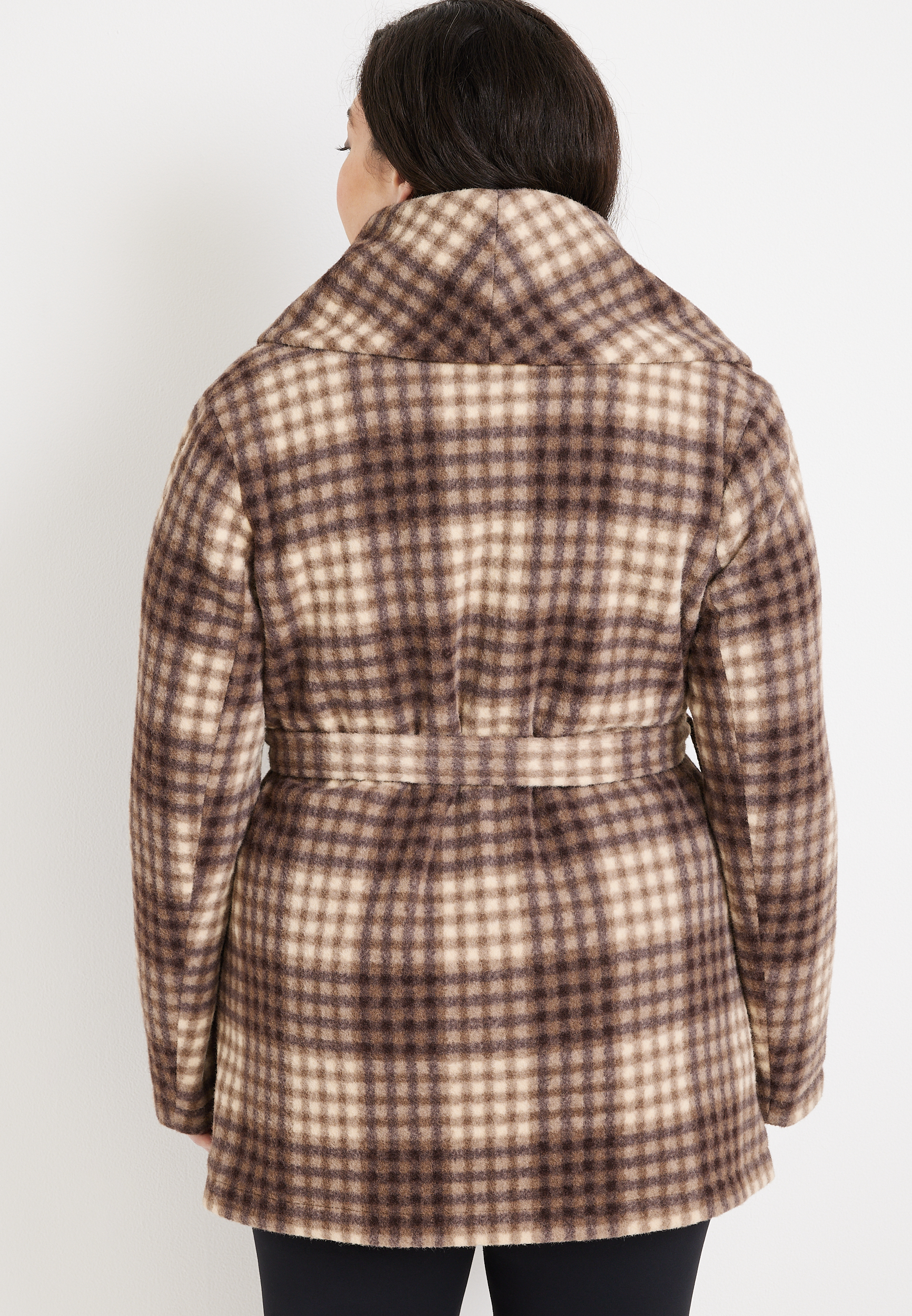 Plus Size Brown Plaid Belted Wrap Coat, BROWN COMBO, large