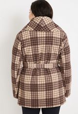 Plus Size Brown Plaid Belted Wrap Coat, BROWN COMBO, small