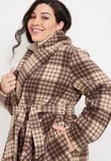 Plus Size Brown Plaid Belted Wrap Coat, BROWN COMBO, small