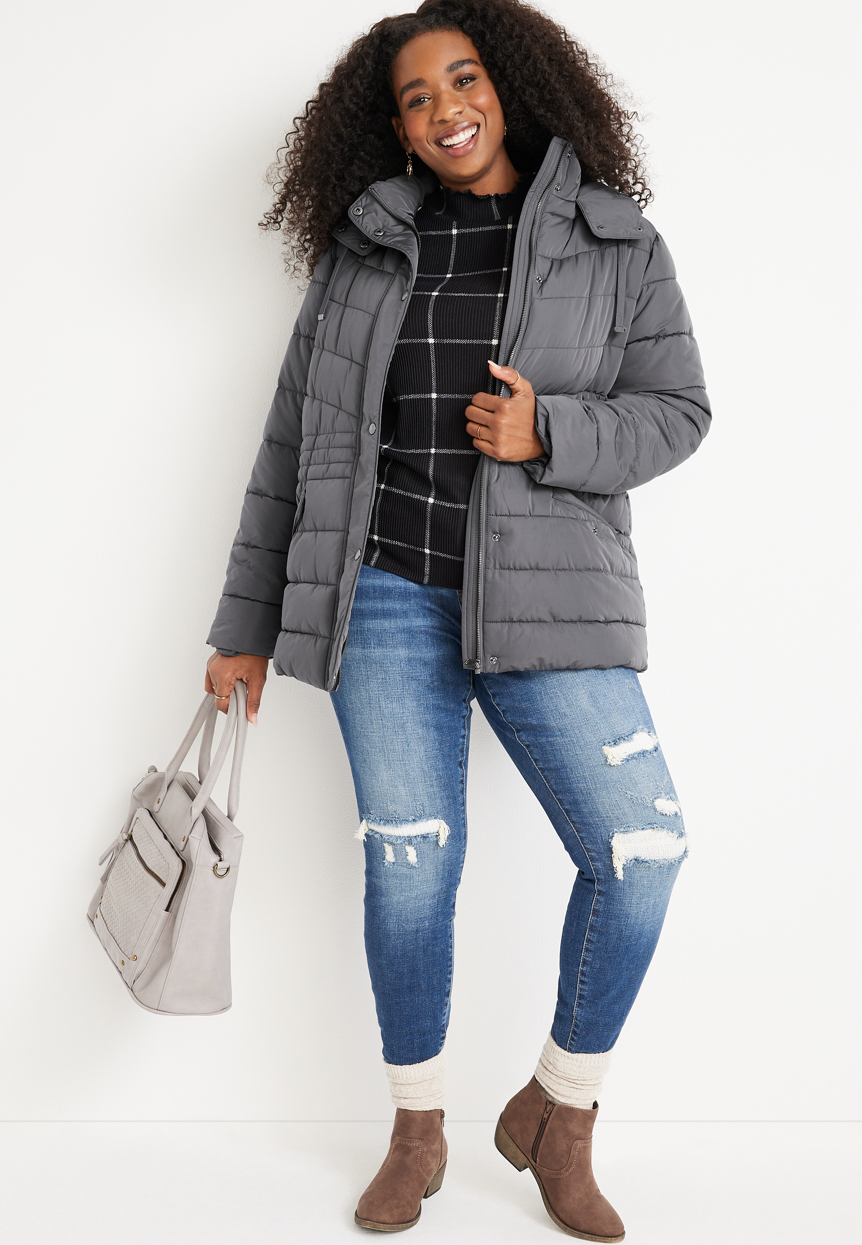 Plus Size Cinched Waist Puffer Jacket, , large