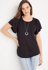 Solid Smocked Flutter Sleeve Tee, C106, small