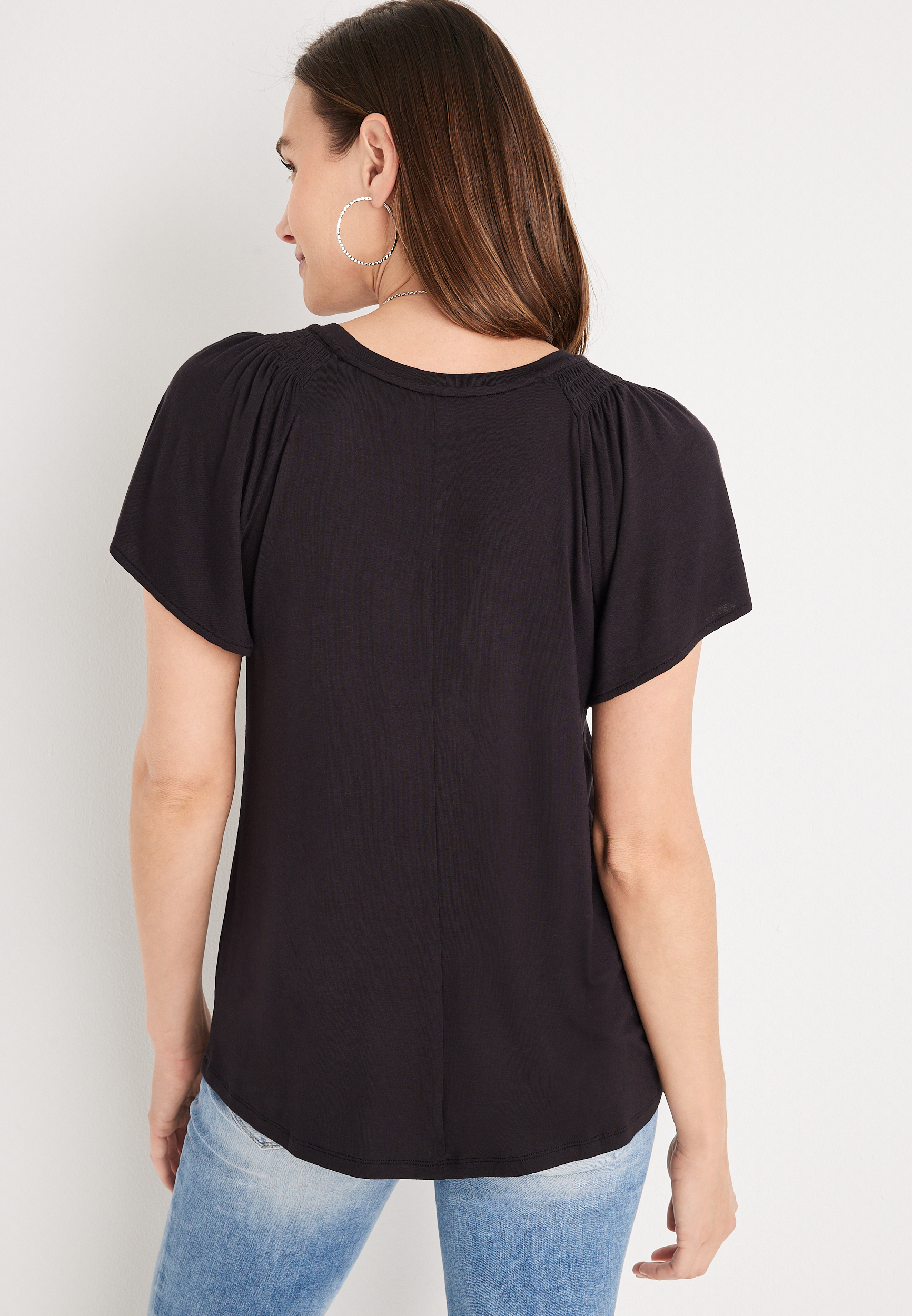 Solid Smocked Flutter Sleeve Tee, C106, large