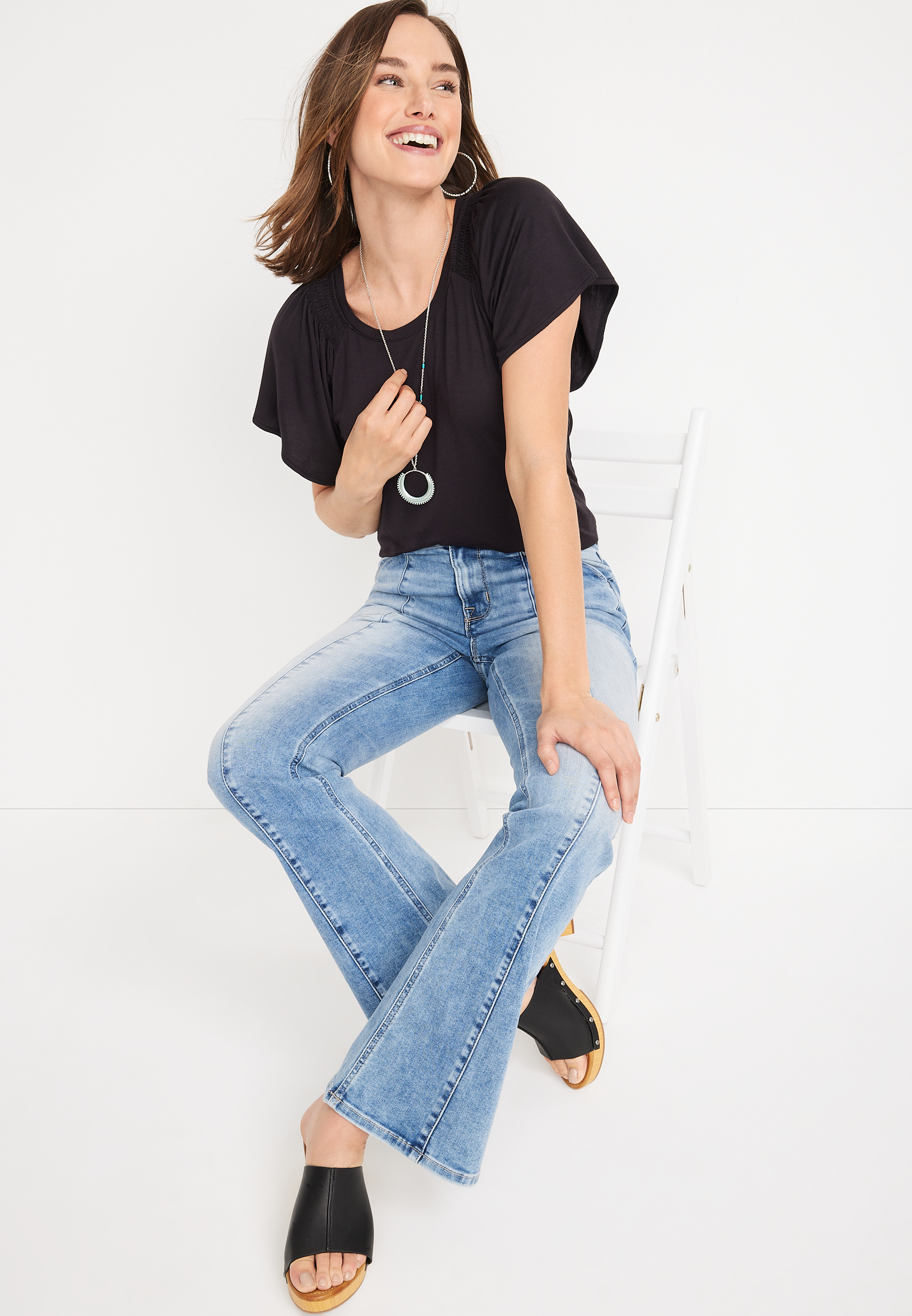 Solid Smocked Flutter Sleeve Tee, C106, large