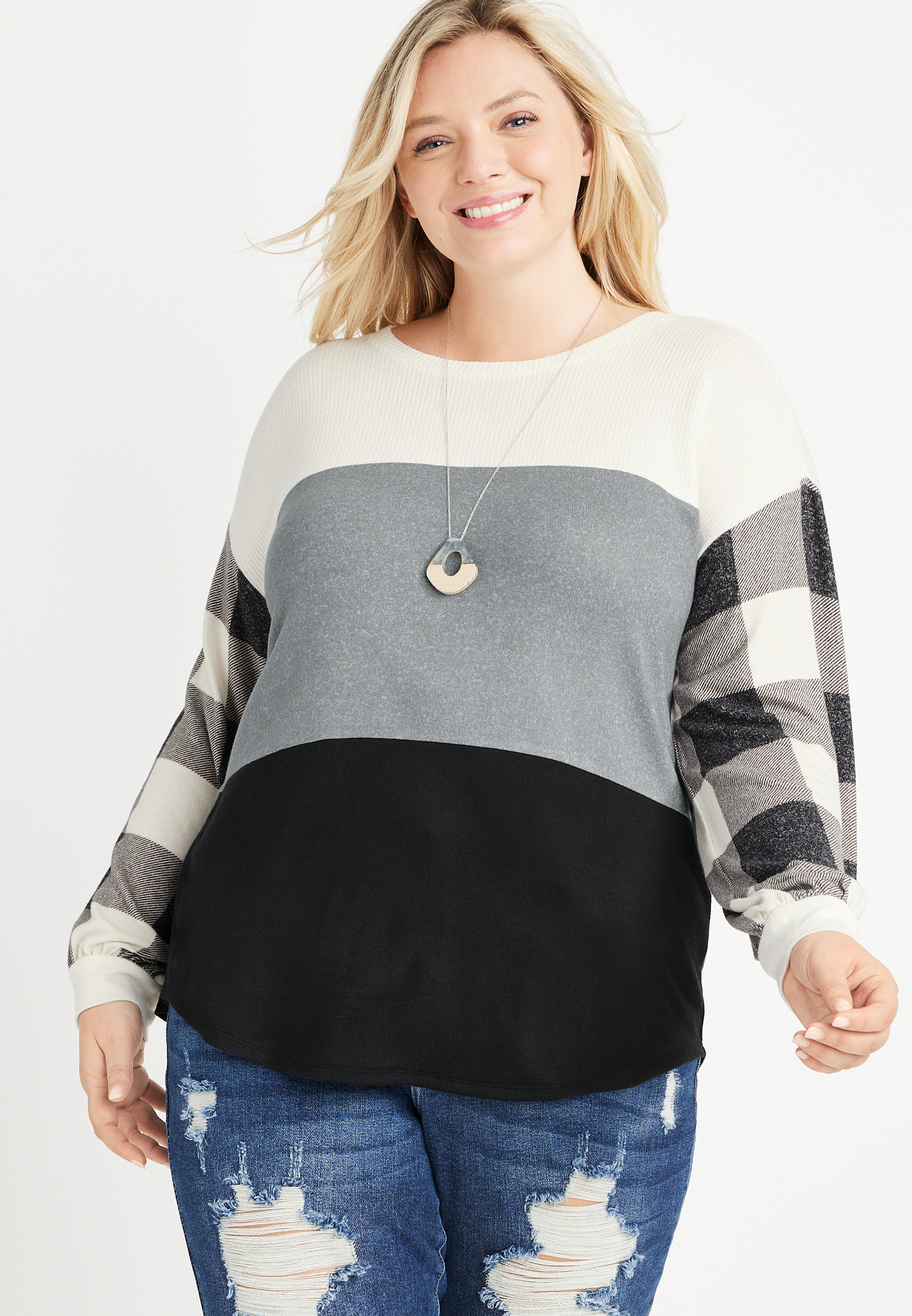 Plus Size Colorblock Plaid Sleeve Mixer Tee | maurices
