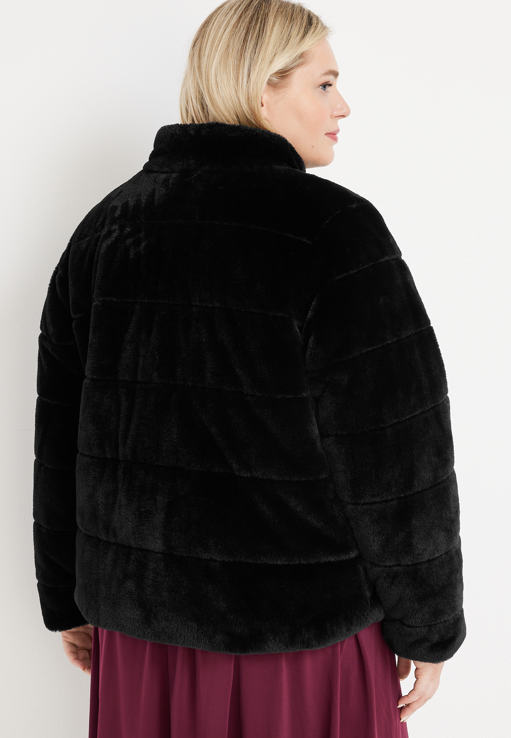 Plus Size Black Faux Fur Jacket, BLACK, large