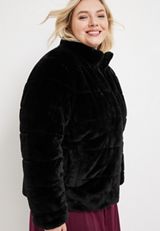 Plus Size Black Faux Fur Jacket, BLACK, small