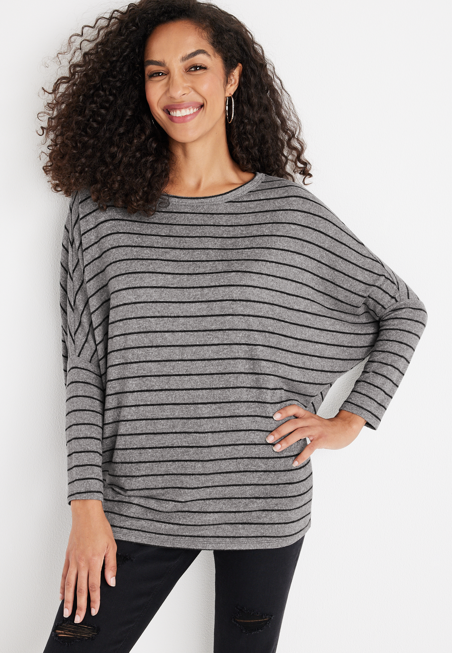 24/7 Flawless Cozy Striped Dolman Long Sleeve Tee | maurices