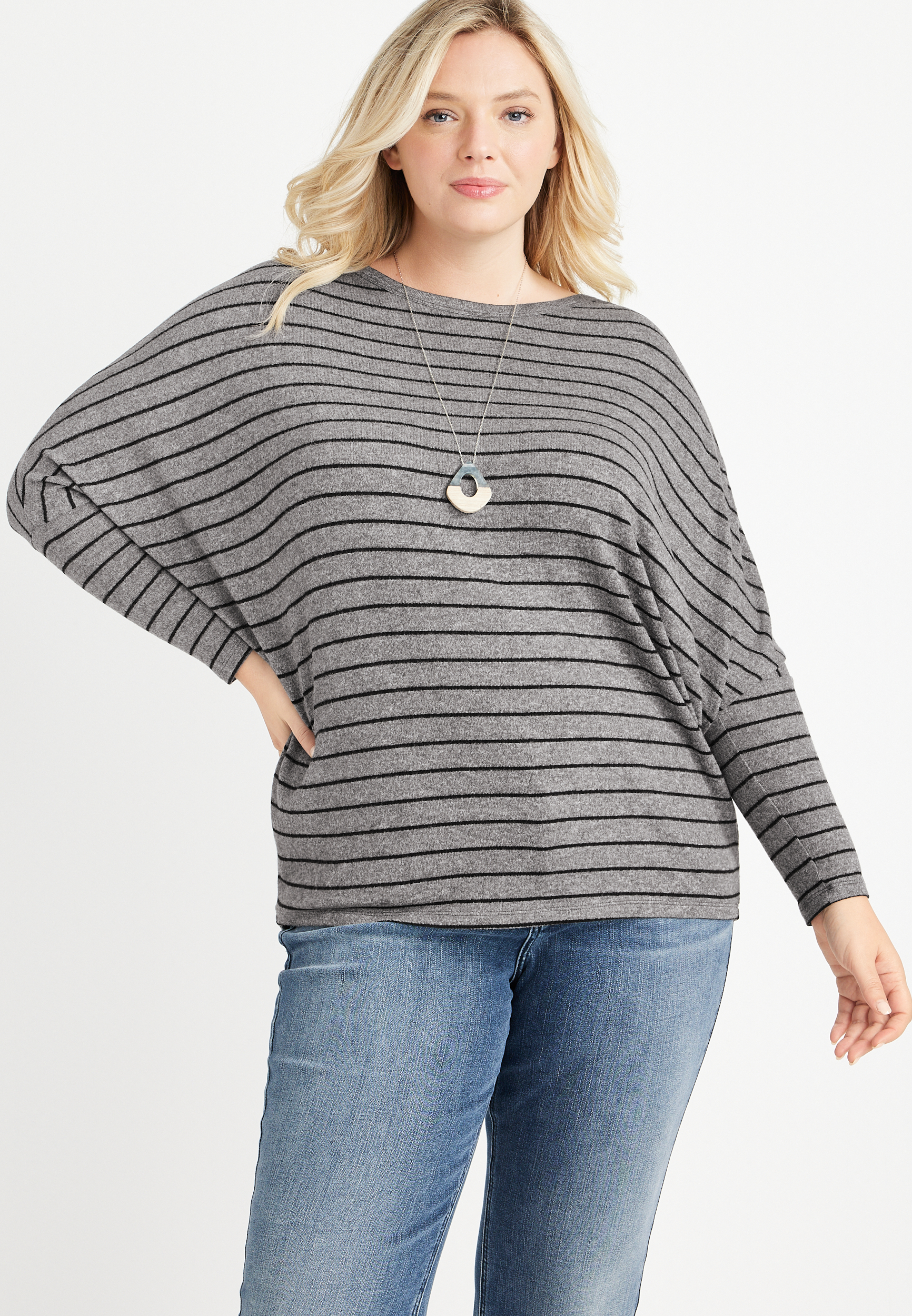 Plus Size 24/7 Flawless Cozy Striped Dolman Long Sleeve Tee | maurices