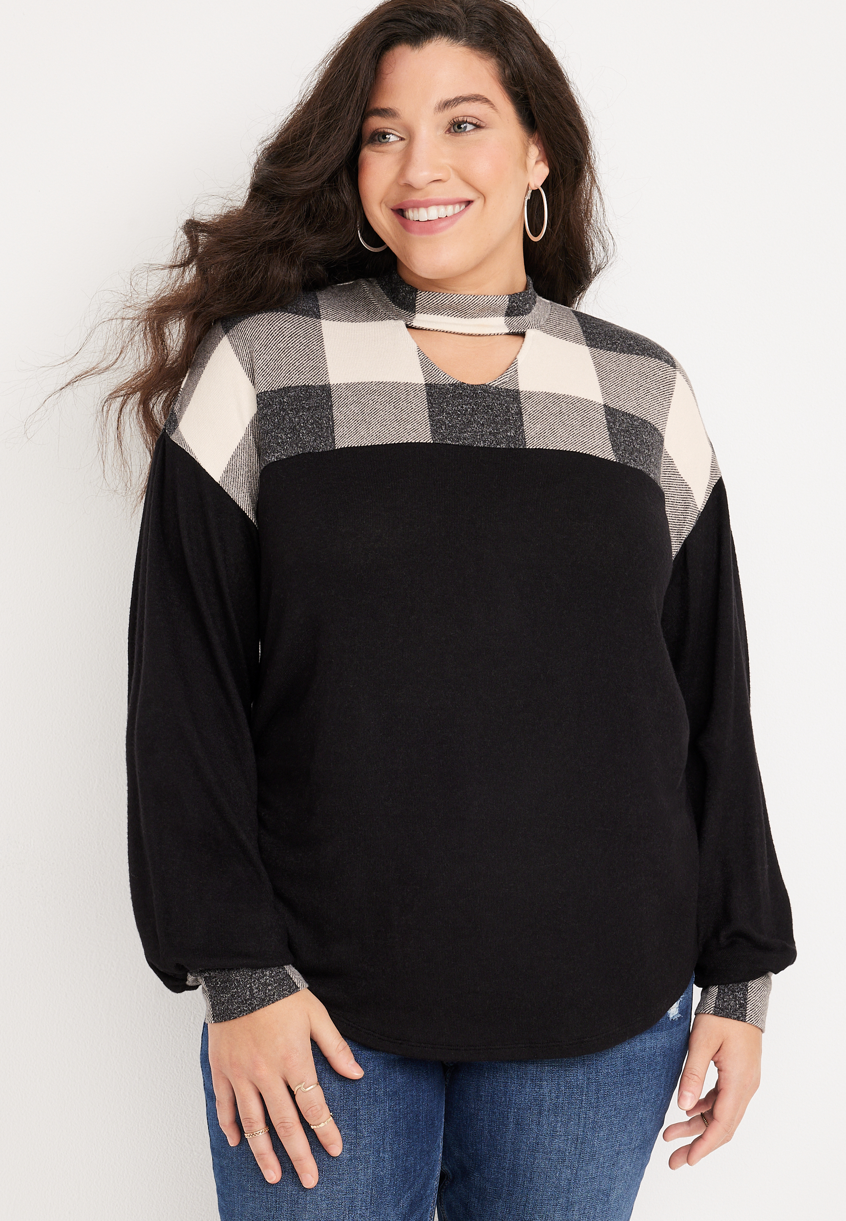 Plus Size Colorblock Plaid Cut Out Mixer Tee | maurices