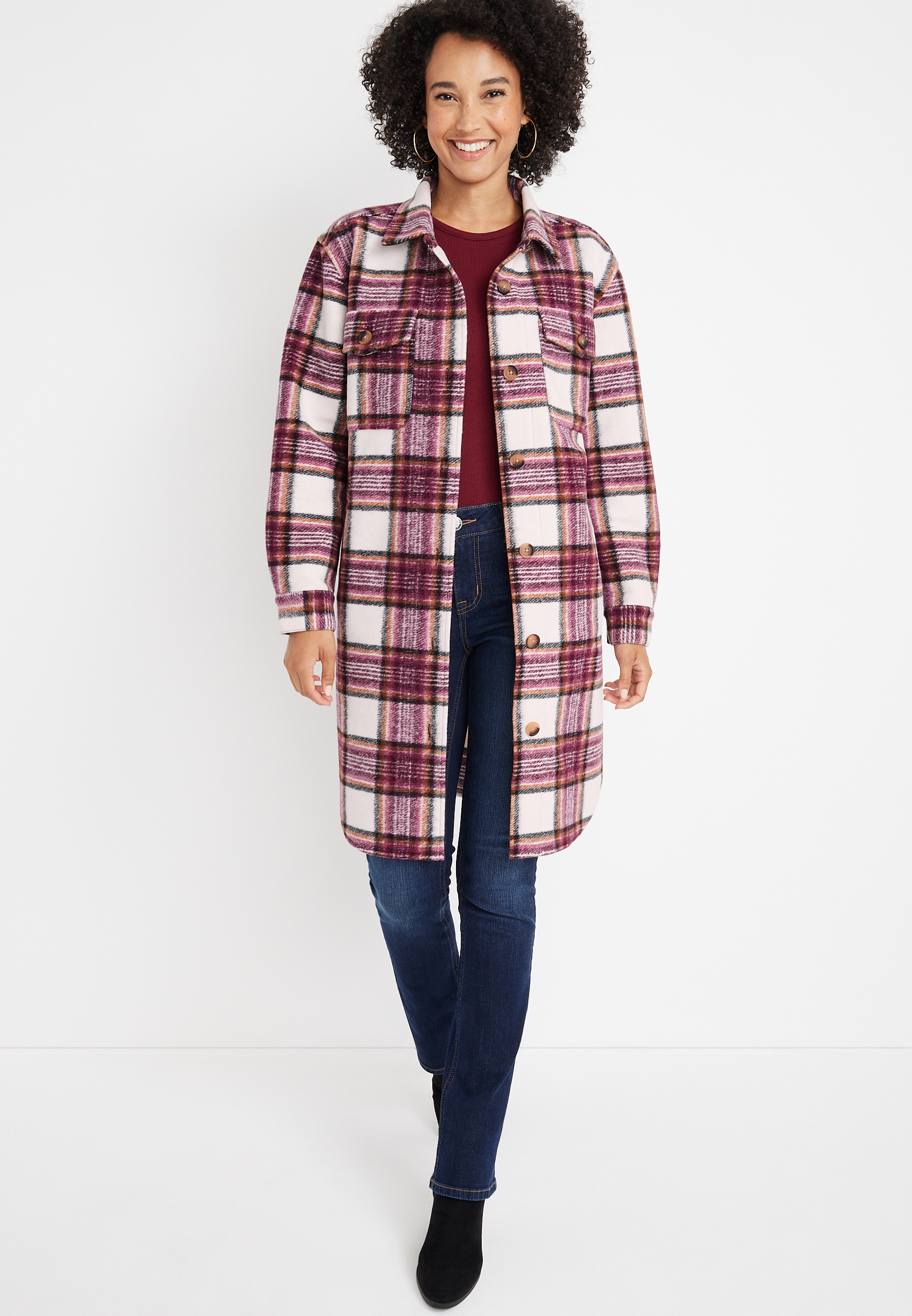 Wine Plaid Faux Wool Shacket | maurices