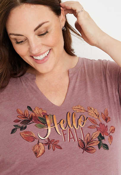 Plus Size Hello Fall Notch Neck Graphic Tee