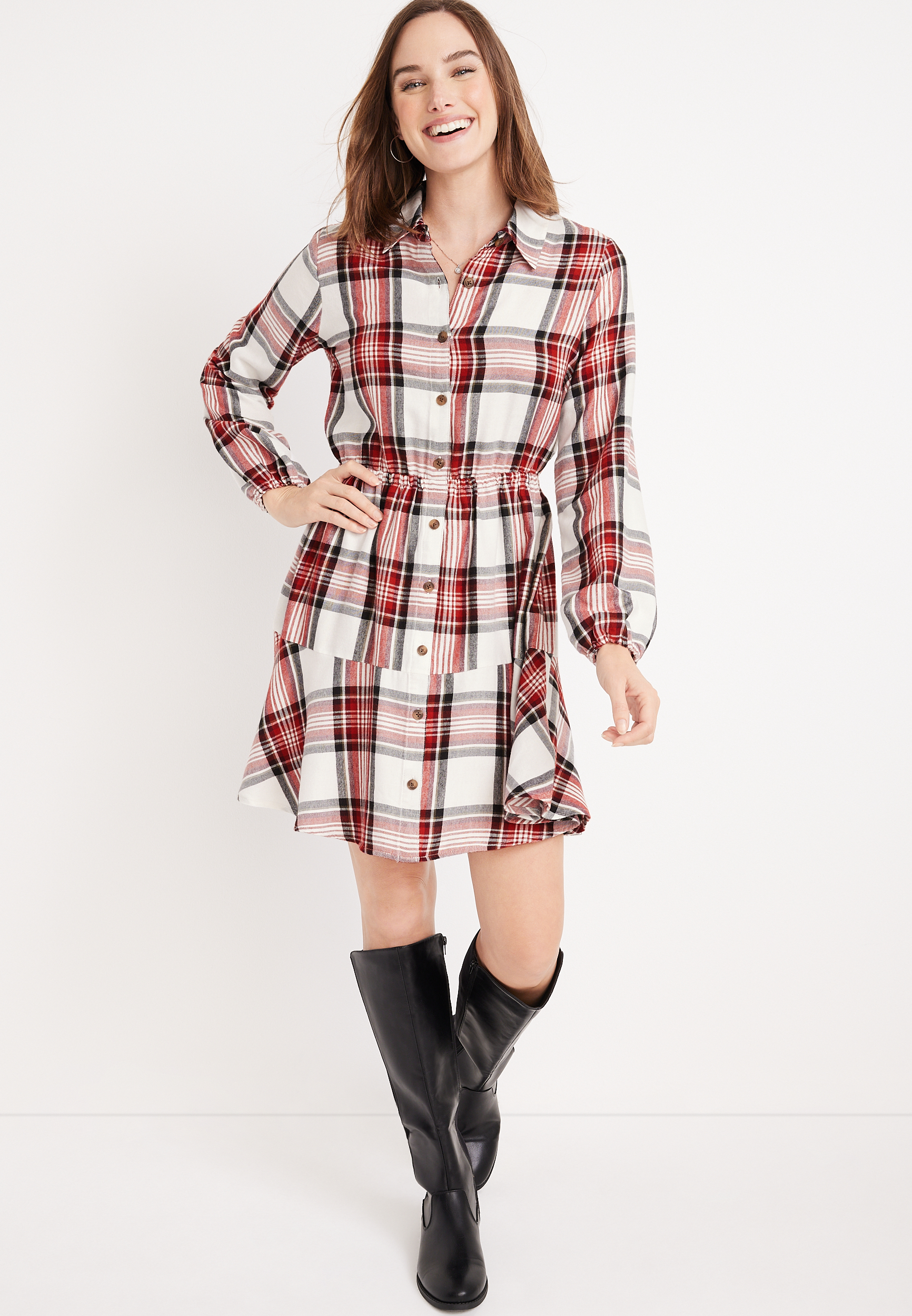 Plaid Tiered Babydoll Dress | maurices