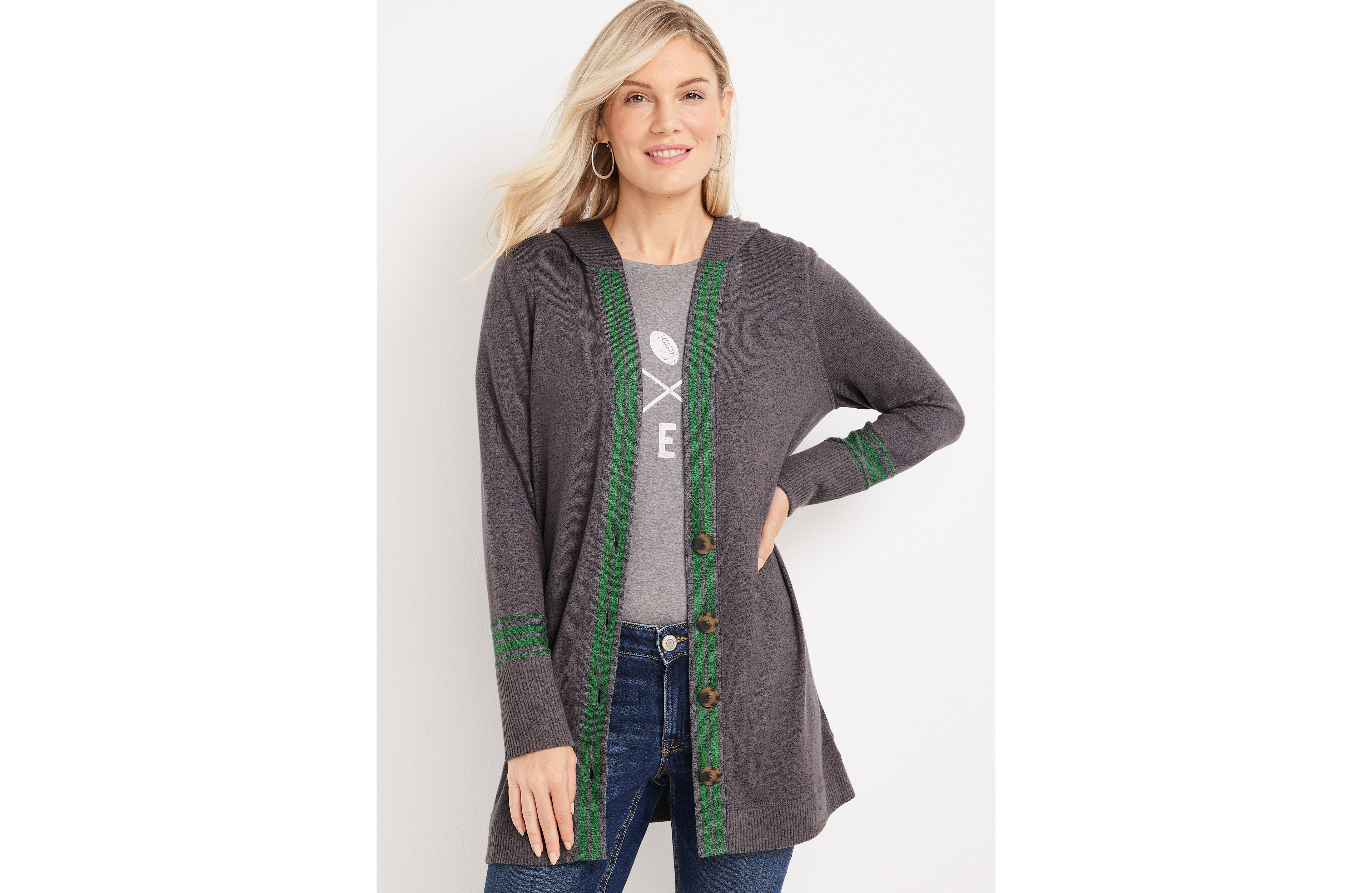 Striped Trim Hooded Cardigan