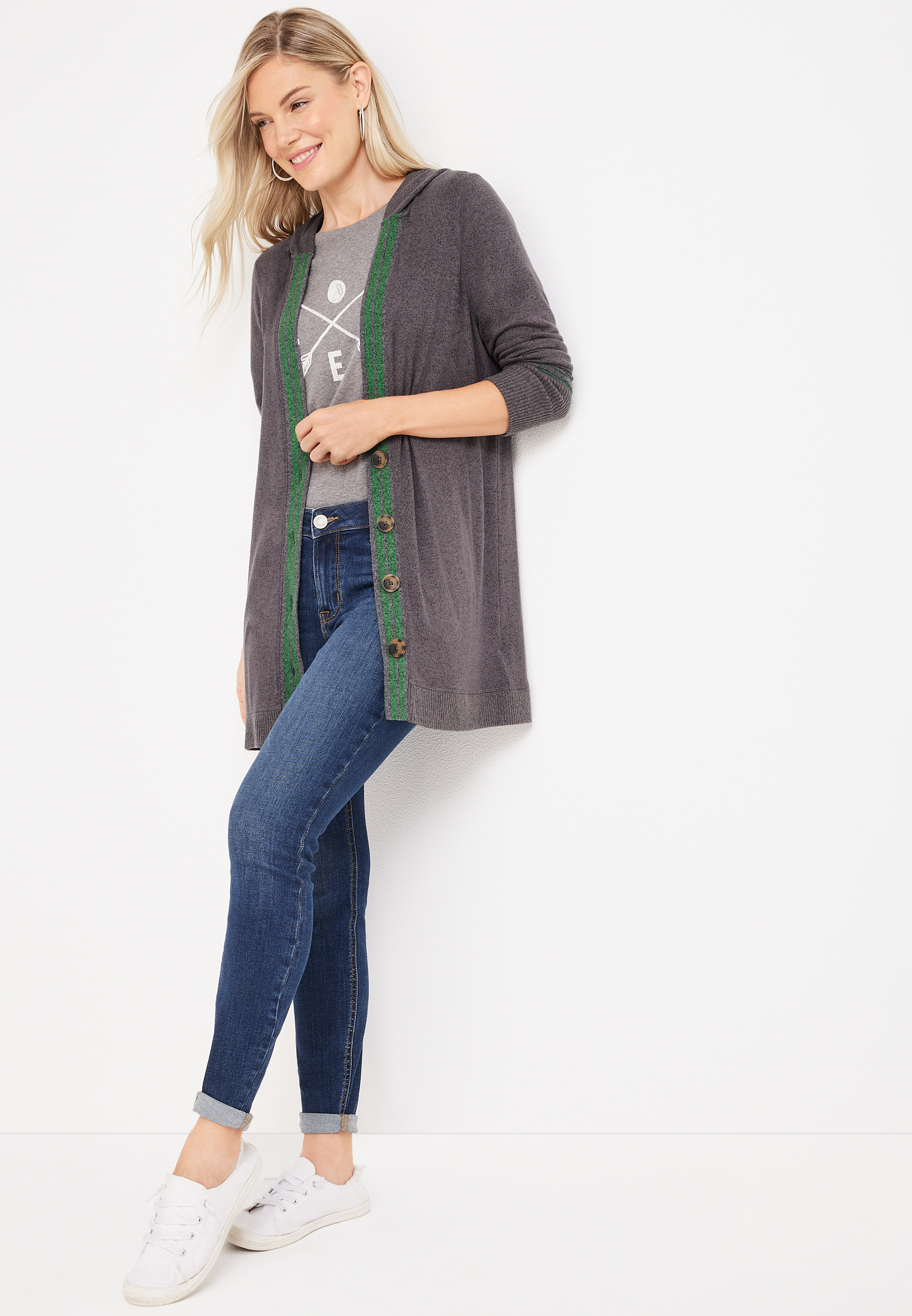 Striped Trim Hooded Cardigan, C1774, large