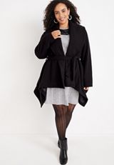 Plus Size Black Belted Wrap Coat, C106, small