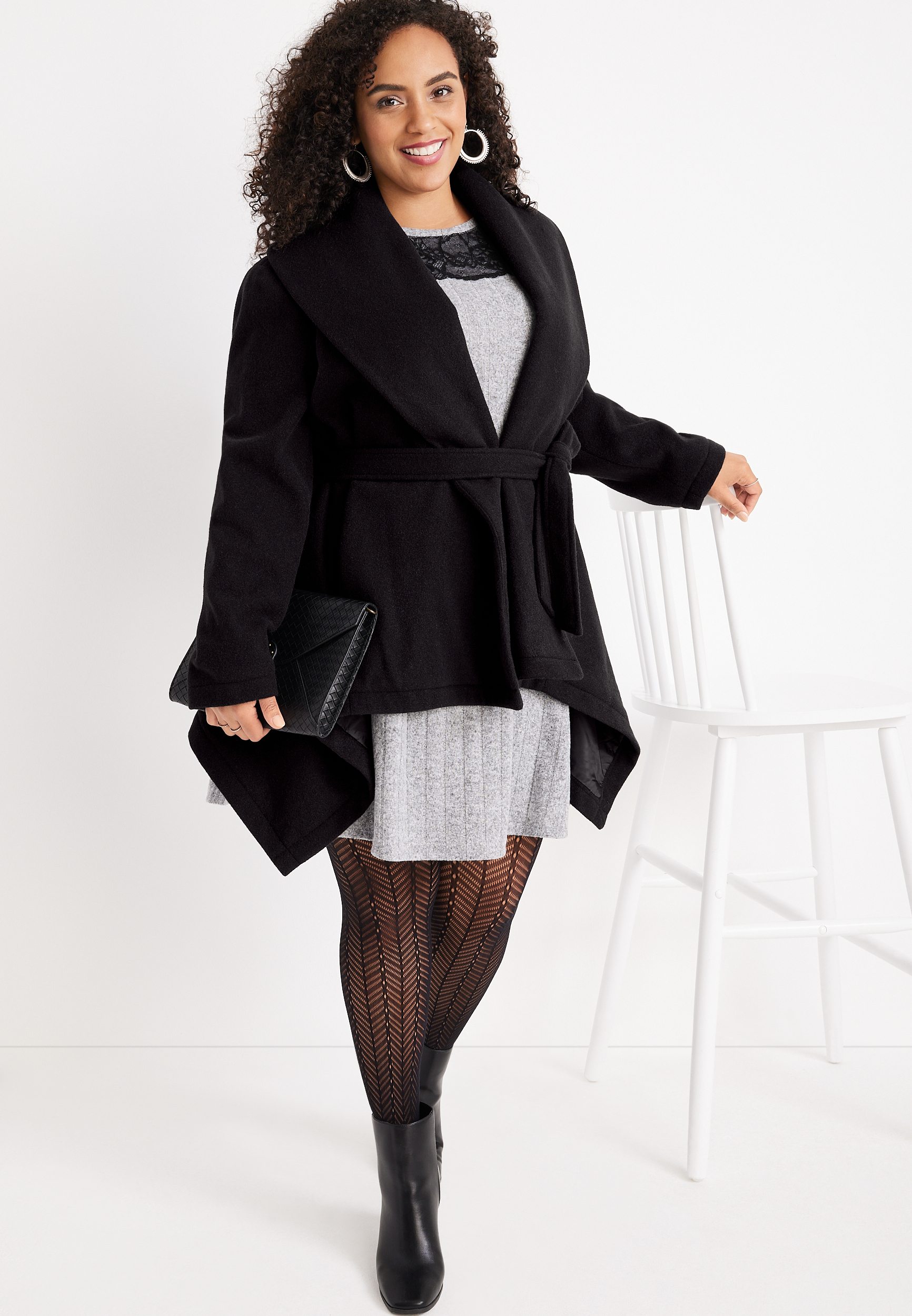 Plus Size Black Belted Wrap Coat, C106, large