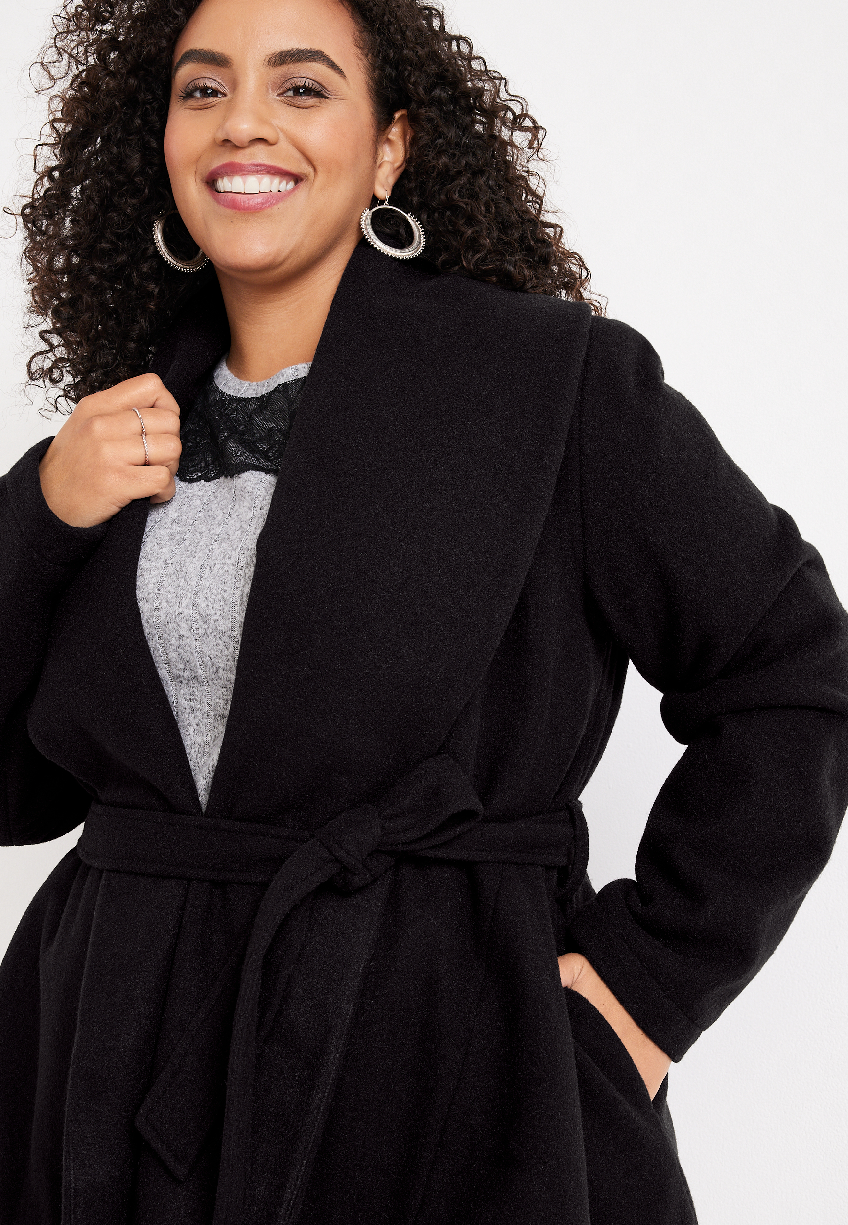Plus Size Black Belted Wrap Coat, C106, large