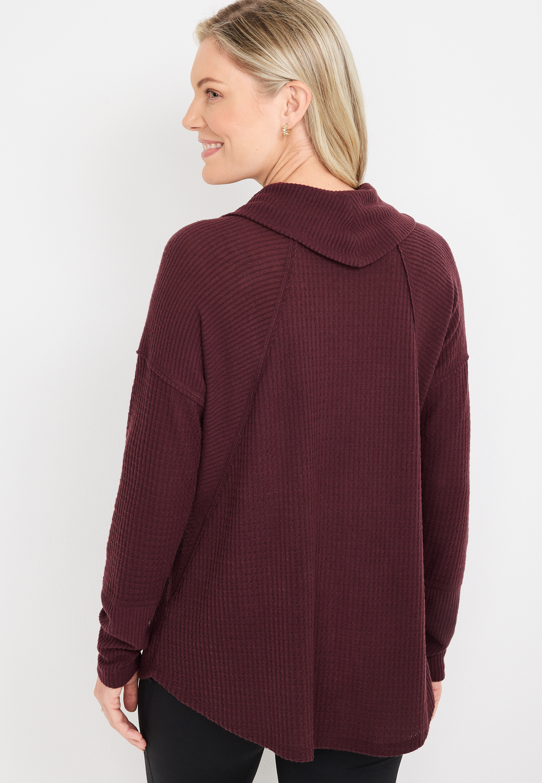 Wayside Solid Waffle Cowl Neck Top
