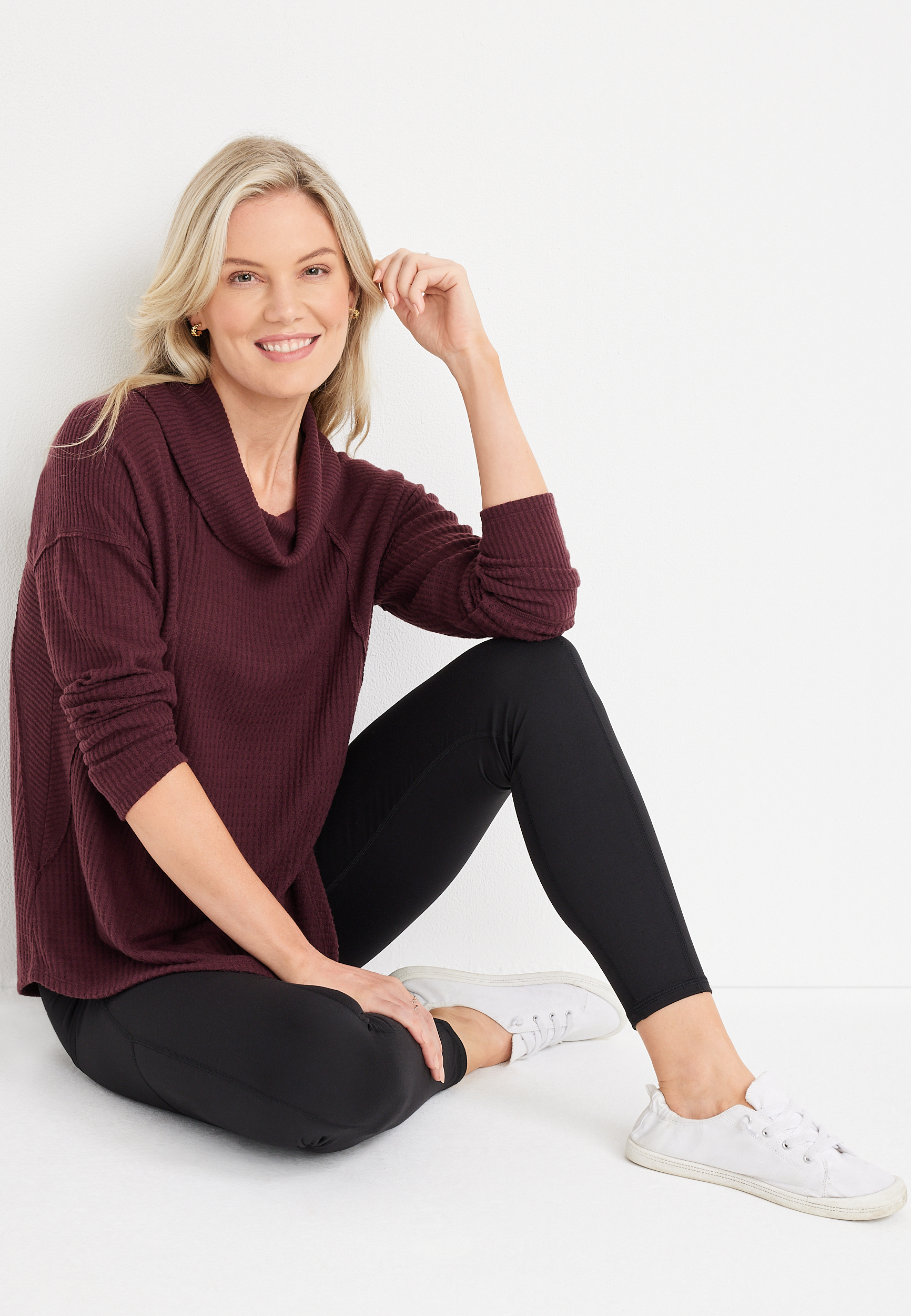 Wayside Solid Waffle Cowl Neck Top