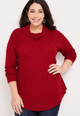 Plus Size Wayside Solid Waffle Cowl Neck Top, REBEL RED, small